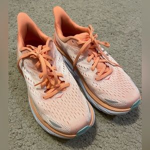 Hoka Clifton 8 Canteloupe and Silver Peony Gym Shoes